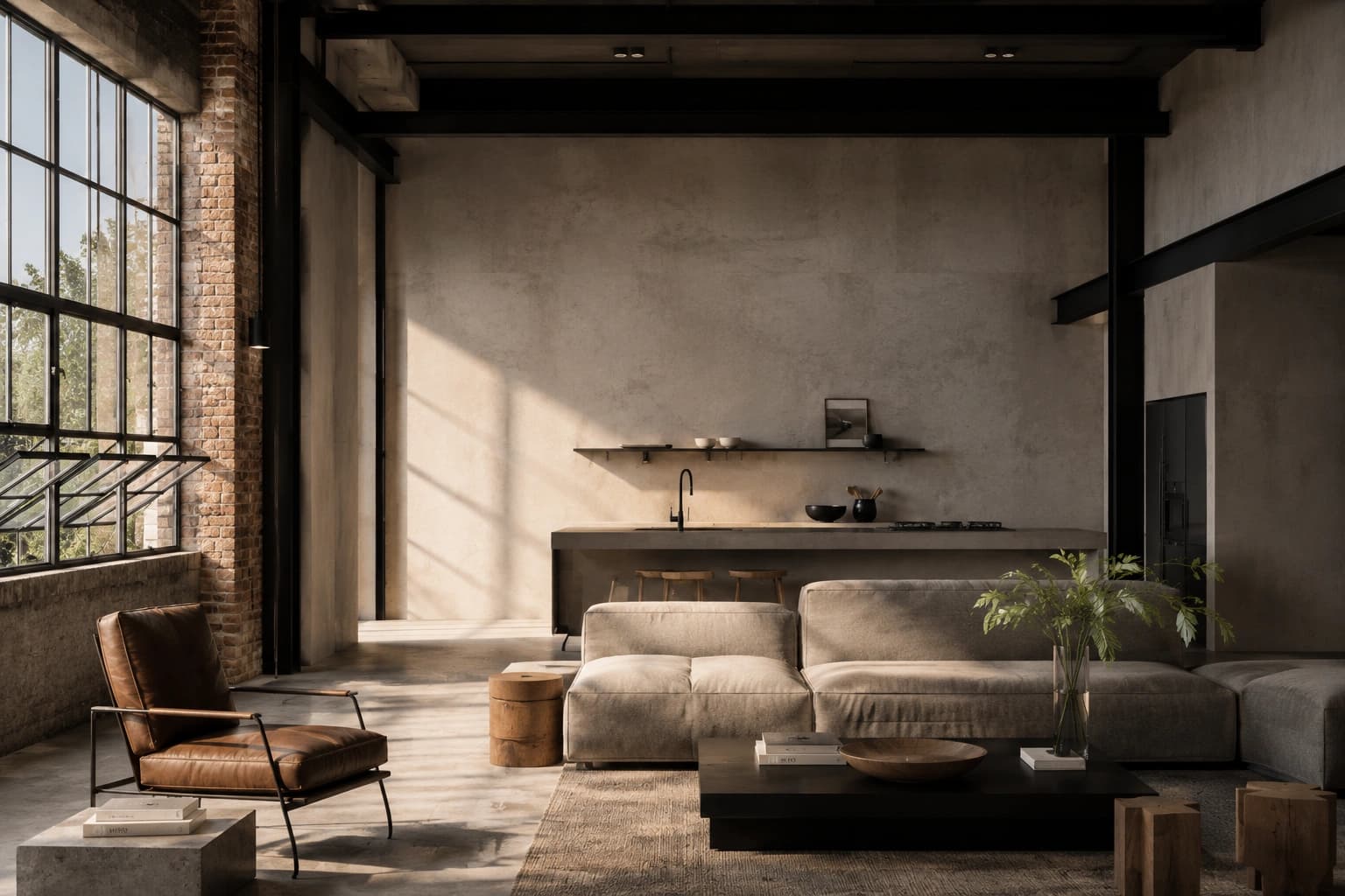 Interior environment with natural light and spatial material depth