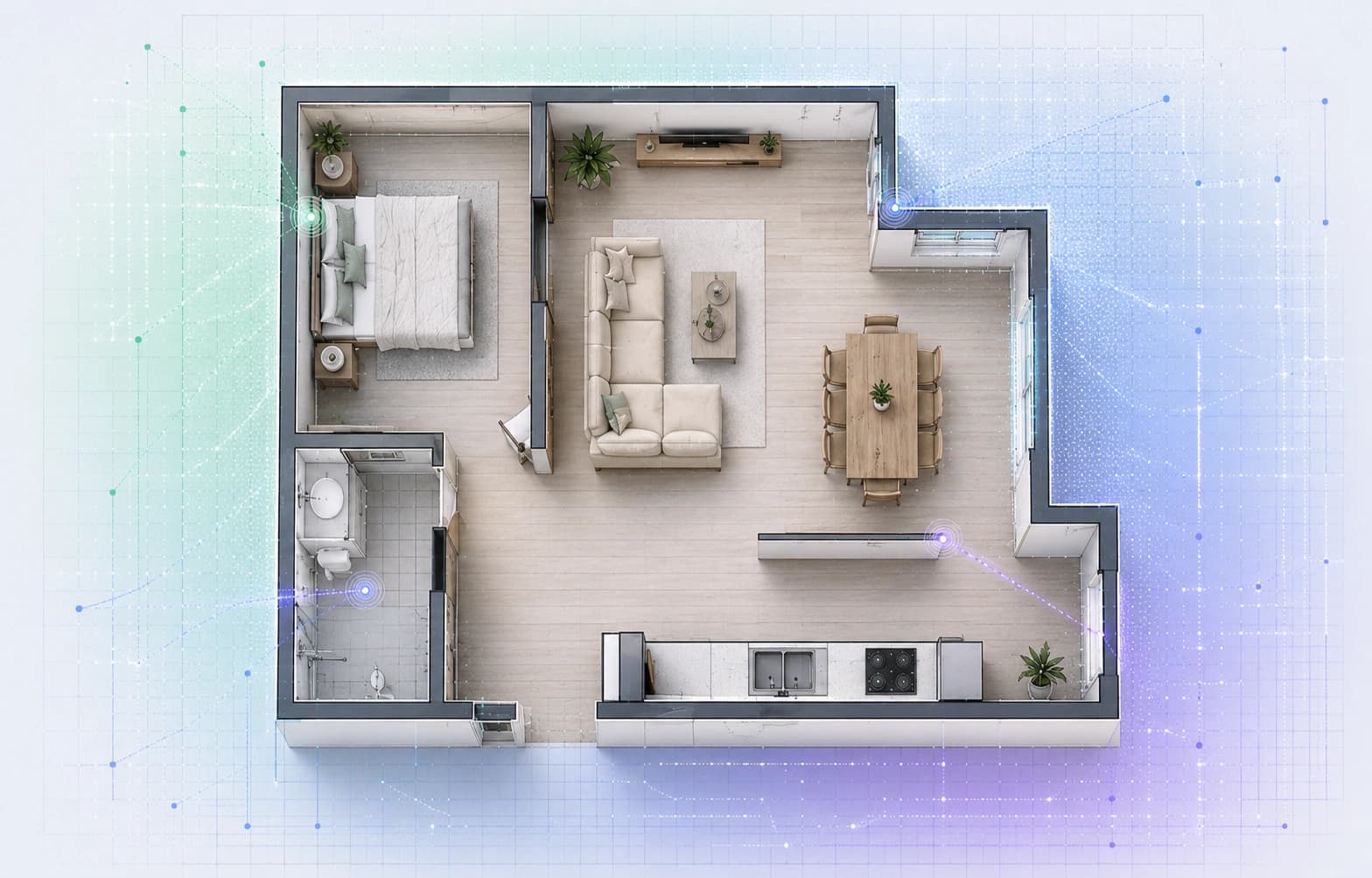 AI-generated floor plan blueprint with spatial composition overlays